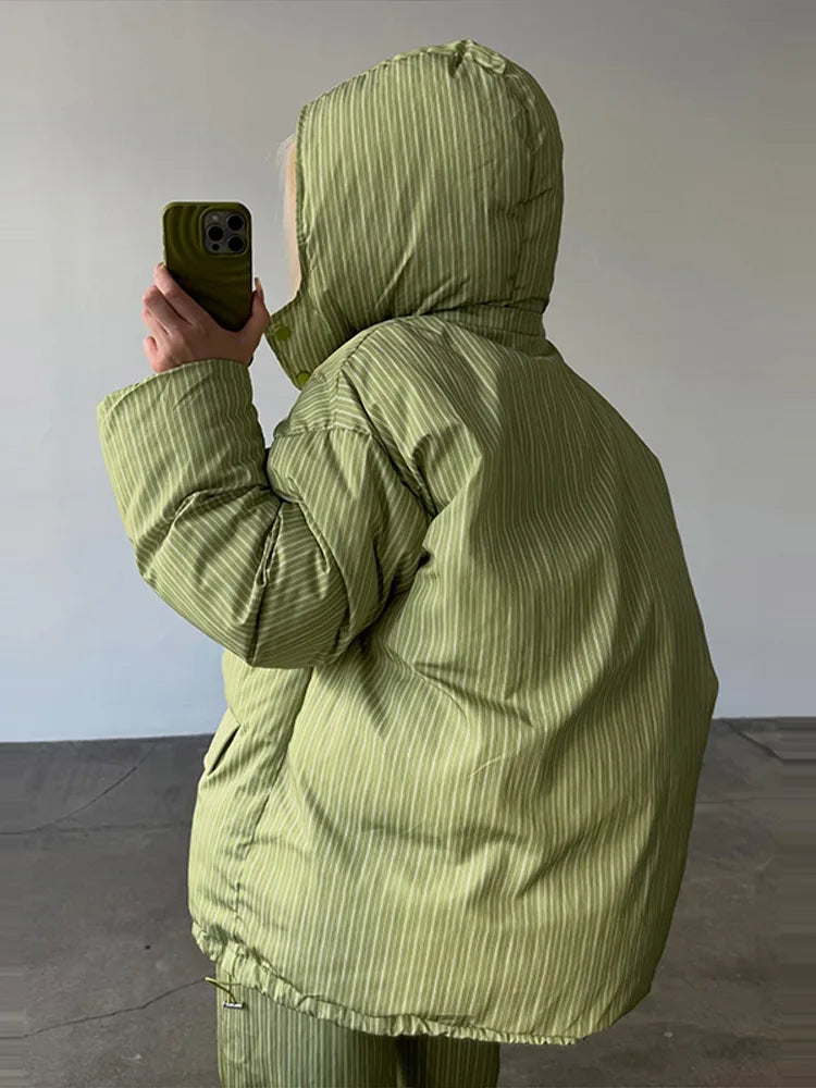 Street Striped Women's Cotton Coat Trouser Suits Hooded Zippers  Autumn Winter Thicken Lady Set 2026 Chic Female Outfits