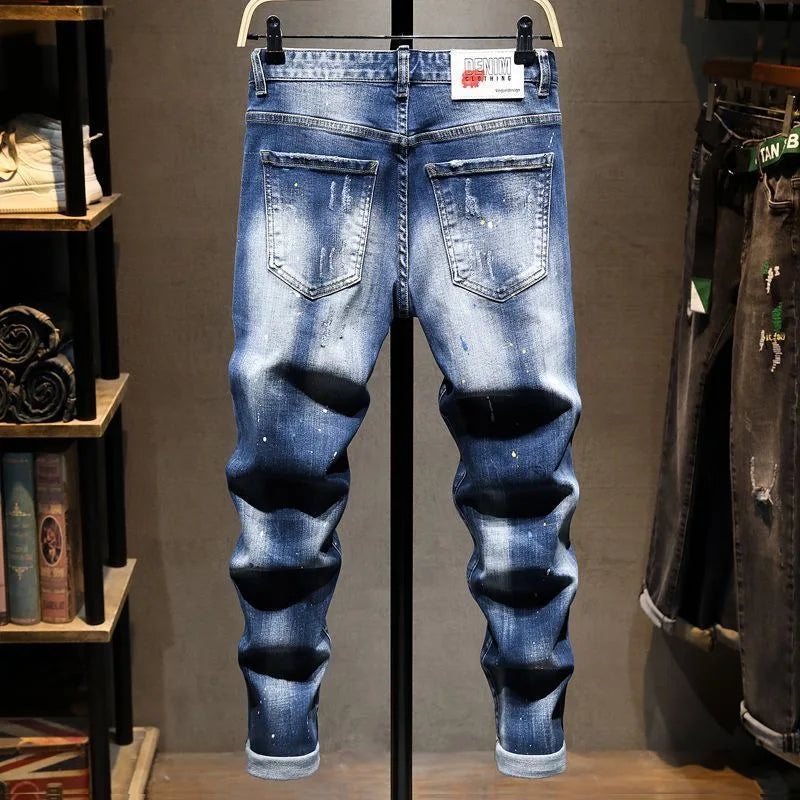 Spring and Autumn New Fashion Trend Straight Tube Perforated Elastic Jeans Men's Casual Slim Fit Sports High-Quality Pants 28-36