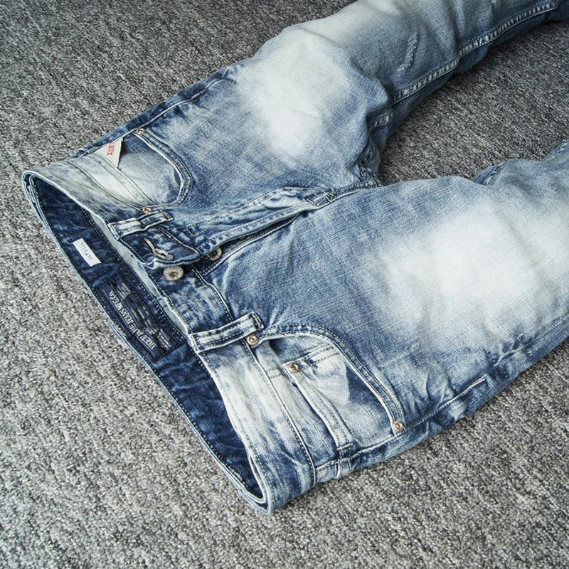 Italian Style Fashion Men Jeans Retro Light Blue Stretch Slim Fit Ripped Jeans Men Y2K Vintage Casual Denim Pants Hombre