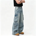 Men'S Spring And Summer Multi Pocket Workwear Design Jeans Retro Washed Japanese And Korean Casual Pants Loose Wide Leg Pants