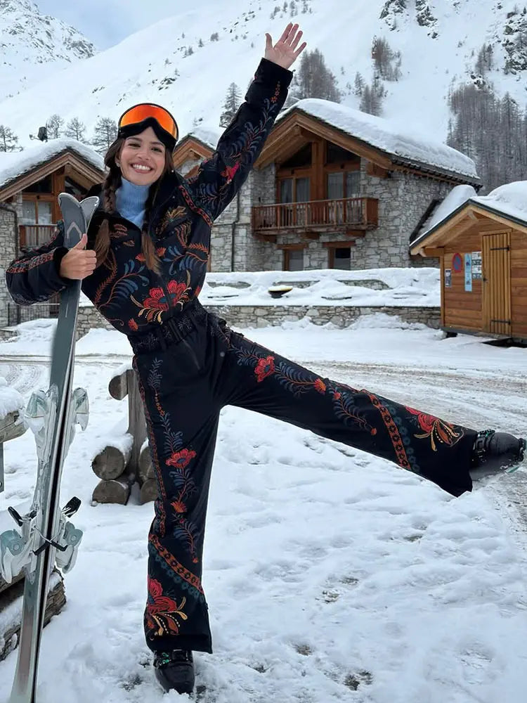Flower Printed Women's Ski Jumpsuits Zippers Stand Collar Waist-closed Pocket Lady Rompers 2026 Autumn Winter Female Ski Wear