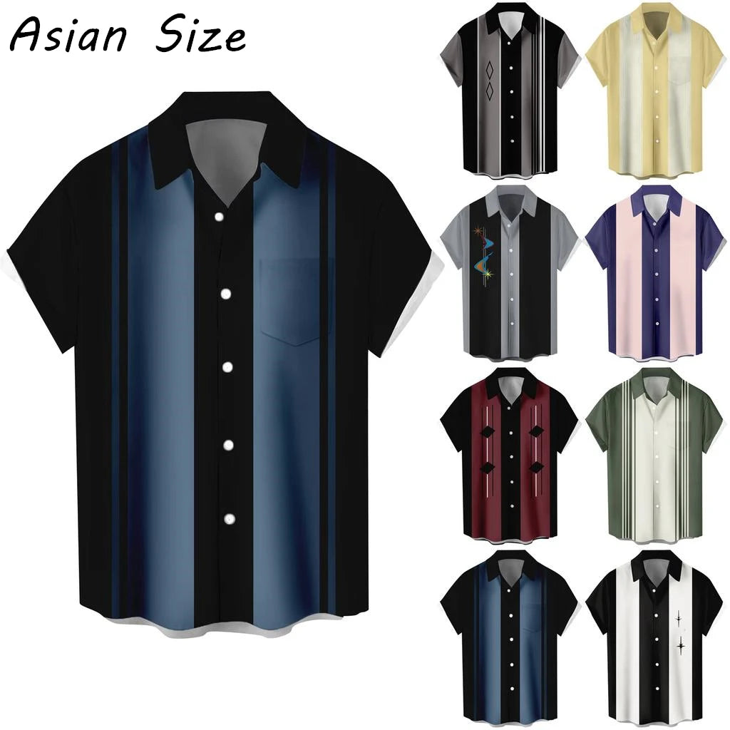 Simple Style Stripe Color Blocking Graphic Men's Shirts Short Sleeve Lapel Shirt Hawaiian Tops Button-Down Blouse Loose Camisa