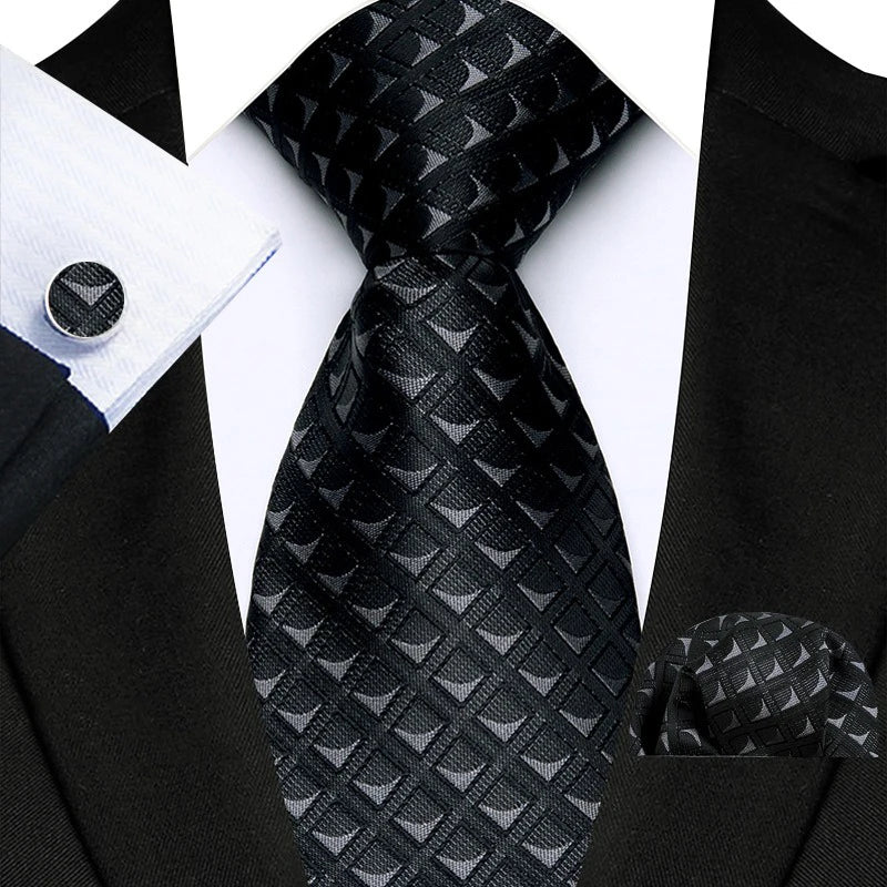 Luxury Brand Design Tie for Men Tie Set Classic Plaid Necktie Cufflinks Handkerchief Set For Formal Wedding High Quality Gravata