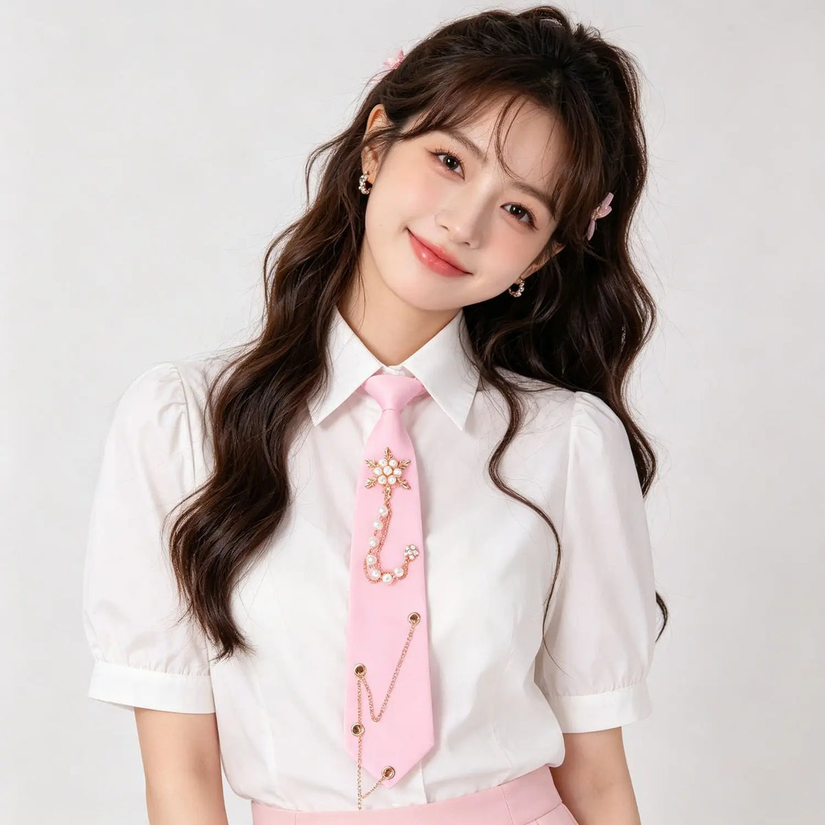 Chain Decoration Pearl Star Tie College Style Student Tie Simple Women Personalized Wedding Fashion Pink Black Ties Accessorries