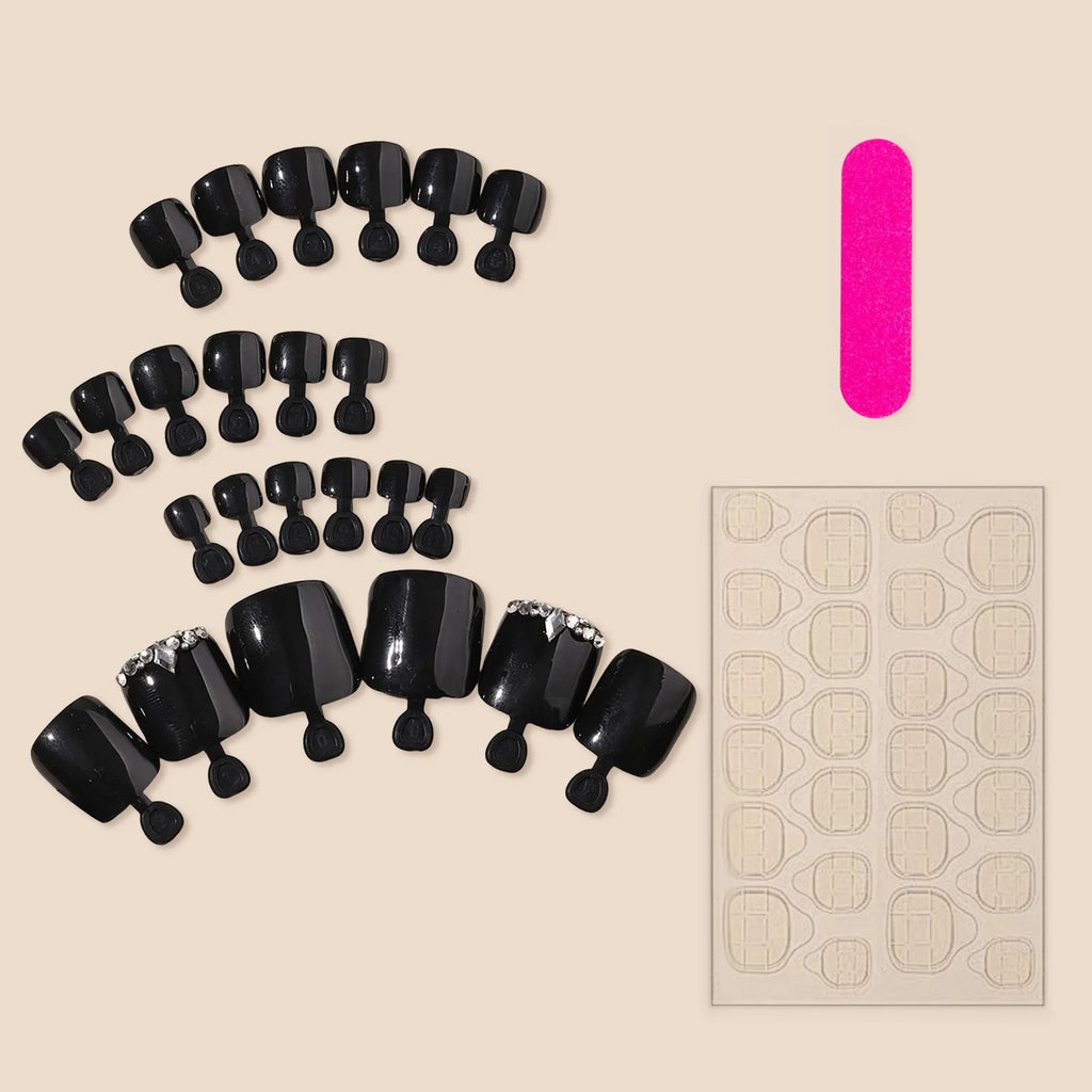 24pcs Black Fake Toenails With Rhinestones Decor Square Press On Nails Tips Long Lasting Glossy False Nails Finished Wearable
