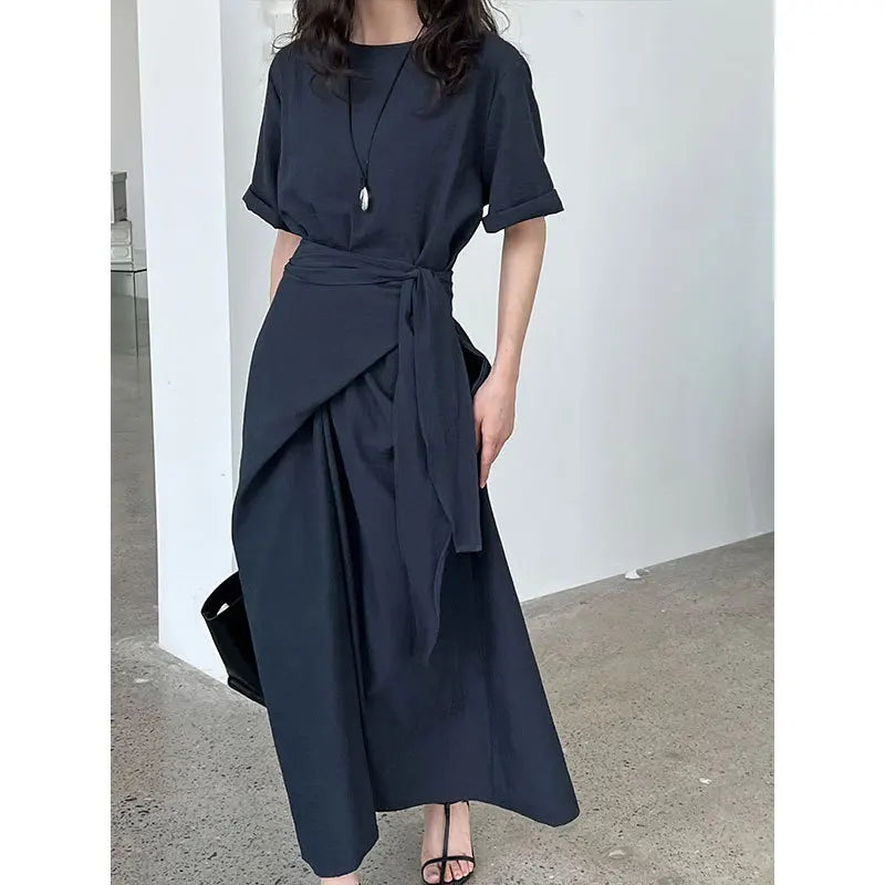 Dress for Women Korean Style Fashionable Casual Strap Short Sleeved Summer New Item with Waist Cinching for Slimming Effect