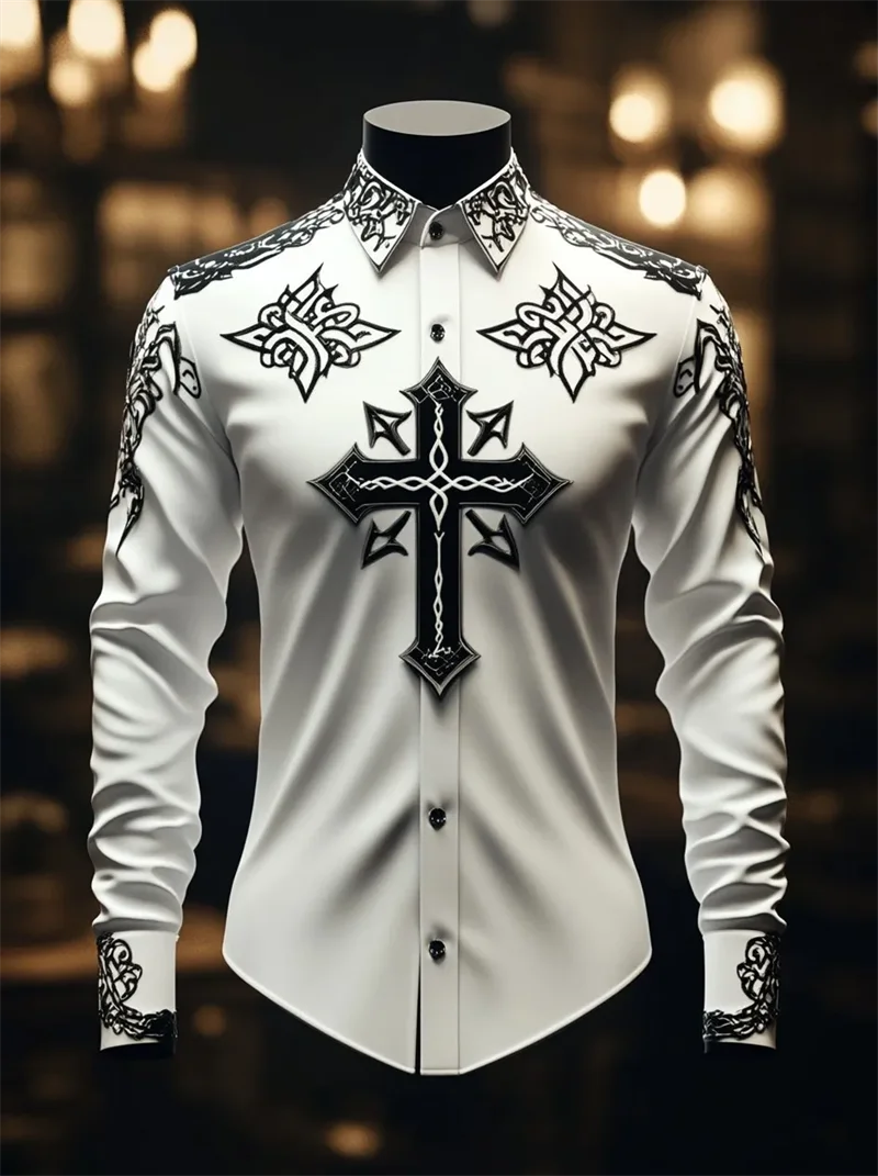 New Men's Style Long Sleeved Shirt with 3D Floral Print Stripes, Casual Street Fashion, Long Sleeved Shirt Top