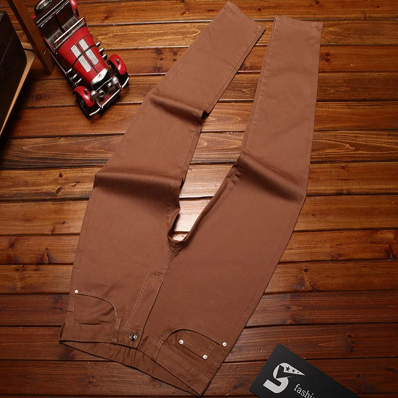 Hong Kong Spring Khaki Denim Jeans Men's Trendy Embroidered Slim Fit Casual Pants High End Lightweight Ankle-Length Trousers