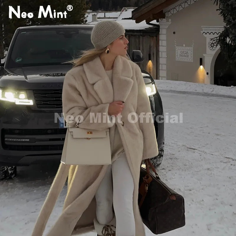 Neo Mint Belted Faux Mink Fur Coat Women 2025 Winter Beige Gradient Furry Fur Jacket Luxury Brand Hooded Warm Outerwear Overcoat