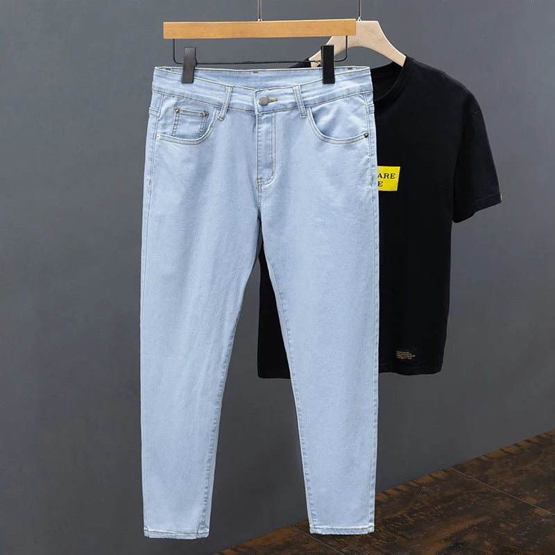 Men's Jeans Spring Summer Thin Slim Fit Elastic Cotton Soft Straight Denim Ankle Length Pants Korean Youth Fashion Trousers