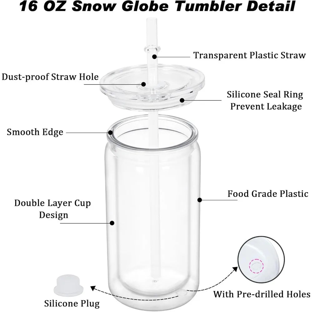 Plastic Snow Globe Tumbler 16 oz 16 Pack DIY Clear Glitter Mason Jar Cups with Pre Drilled Hole Double Wall Insulated