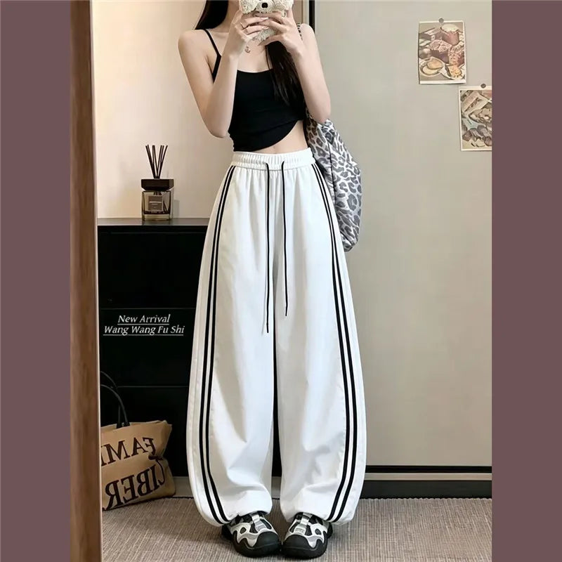 Loose Joggers Pants Women Stripes Drawstring Pants Streetwear Hip Hop Y2k Baggy Wide Leg Sweatpants Casual Fashion Thin Trousers