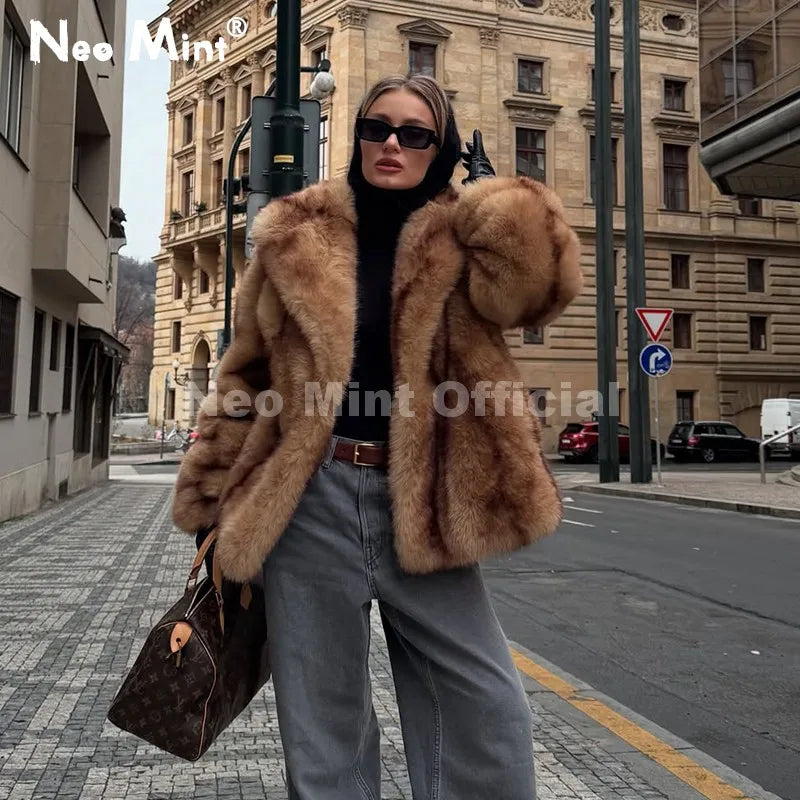 Neo Mint Luxury Brand Fashion Women Yellow Striped Faux Fur Jacket Coat Chic Girls 2025 Winter Oversized Warm Outerwear Overcoat
