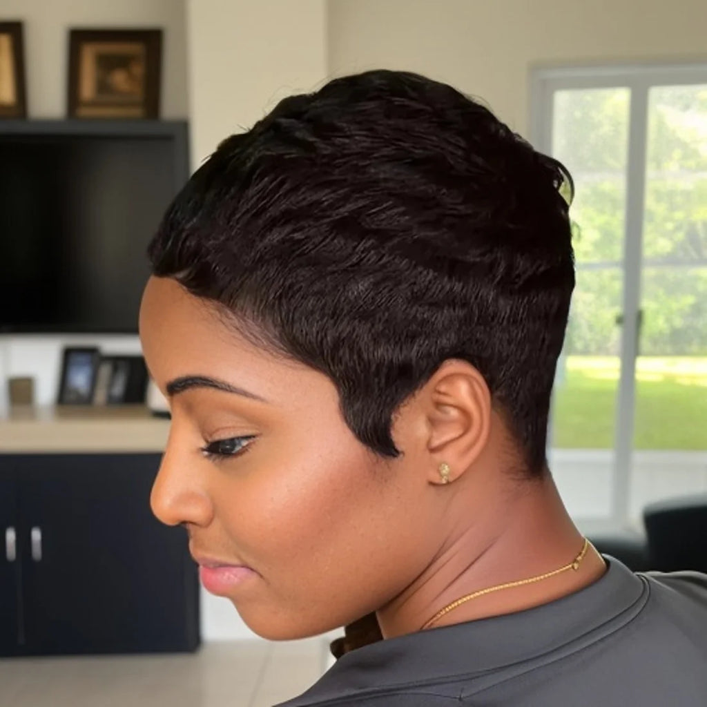 Short Human Hair Wigs with Bangs Short Pixie Wig Human Hair for Women Fashion Full Machine Wig Cheap Natural Black Burgundy Brow
