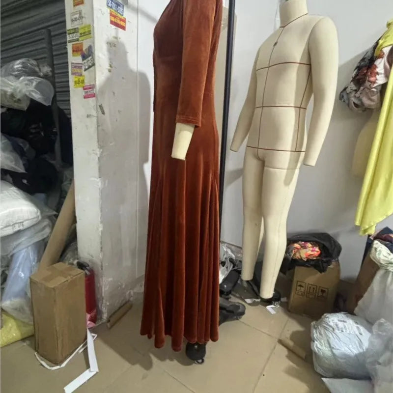 Spring Fall Women Suit Collar Velvet Long Dress 2025 New Slim Elegant Office Lady Velour Dresses