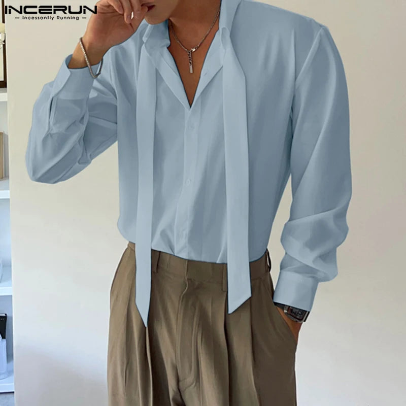 Handsome Well Fitting Tops INCERUN Men's Deconstructive Design Lace Up Shirts Casual Solid Comfortable Lapel Long Sleeved Blouse