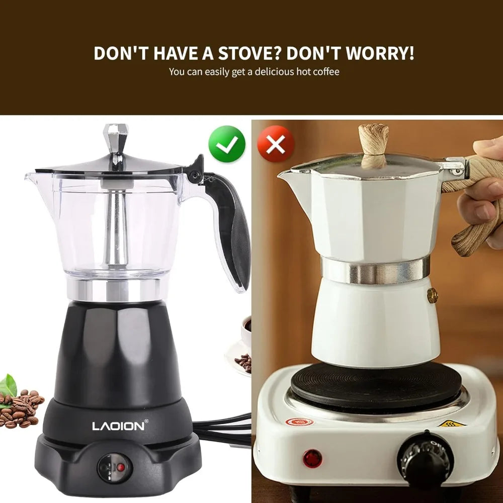 6 Cup Electric Espresso Coffee Maker Portable Moka Pot Detachable Base Overheat Protection Gift for Home Travel