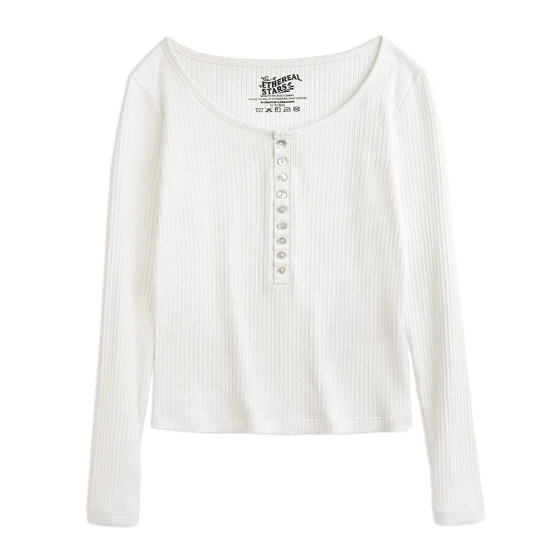 Maden Women’s Slim Fit Henley Shirt Ribbed Knit Long Sleeve T-shirt O-Neck Layering Top Solid Color Autumn Winter Inner Wear