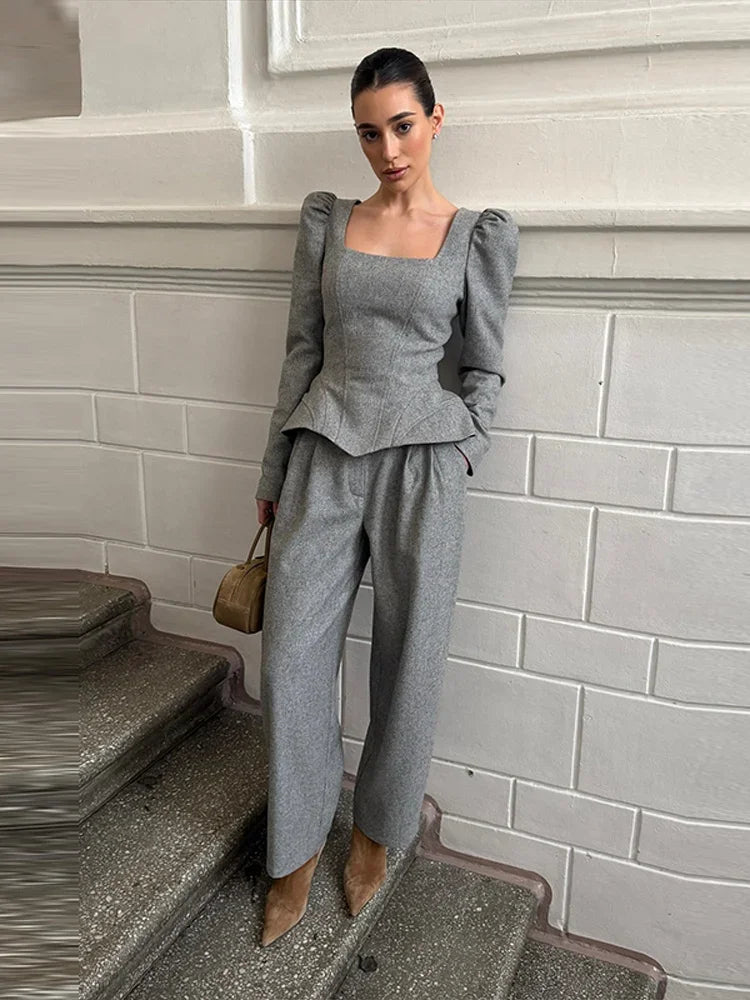 Casual Solid Woolen Top Pants Set Women Puff Full Sleeve Closed Waist Blouse Straight Trousers Sets 2026 Autumn Winter Lady Suit