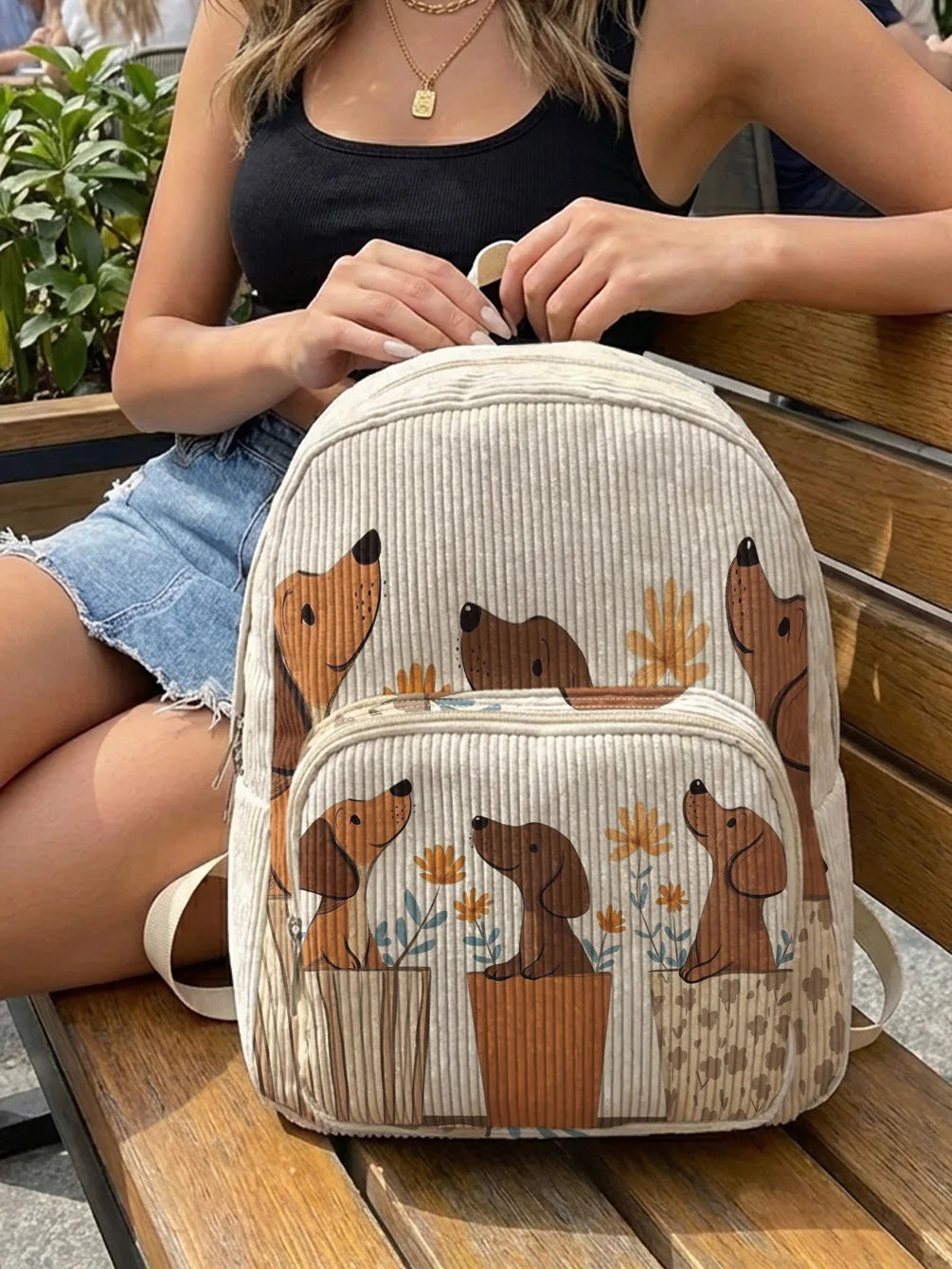 Dachshund Dog Print Allover Women Fashion Backpack Corduroy Multi-pocket Large Capacity Commuter Bag