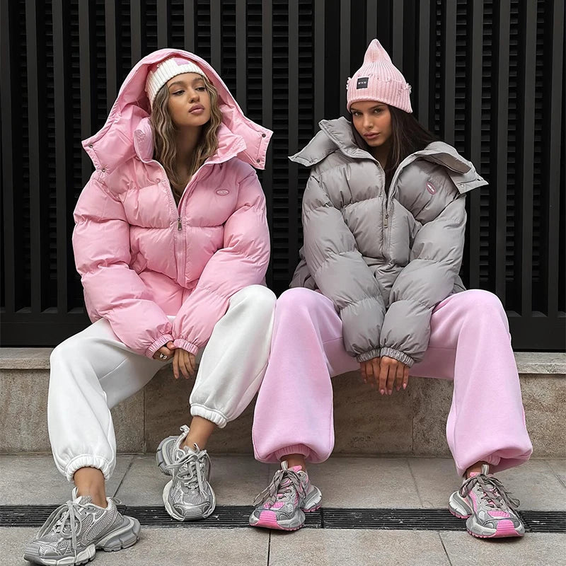 Oversized Puffer Women Jackets Coat Print Hooded Zipper Parka Coats Loose Mid‑Length Warm Winter Outerwear With Big Pockets