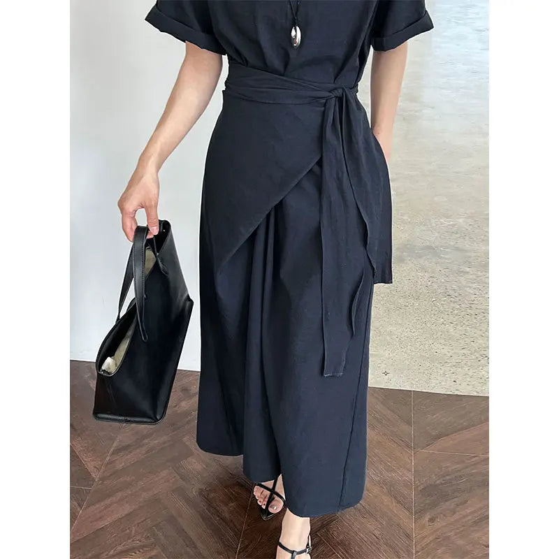 Dress for Women Korean Style Fashionable Casual Strap Short Sleeved Summer New Item with Waist Cinching for Slimming Effect