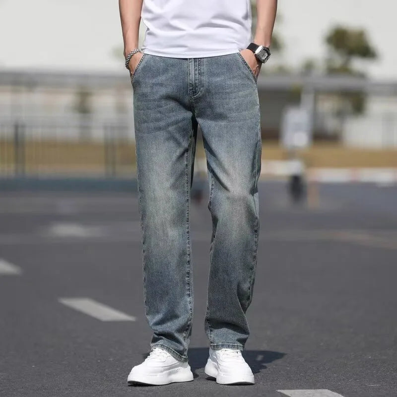 2026 New Men Baggy Straight Fashion Versatile Casual Pants Male Summer Thin Breathable Denim Pants Daily Classic Blue Trousers