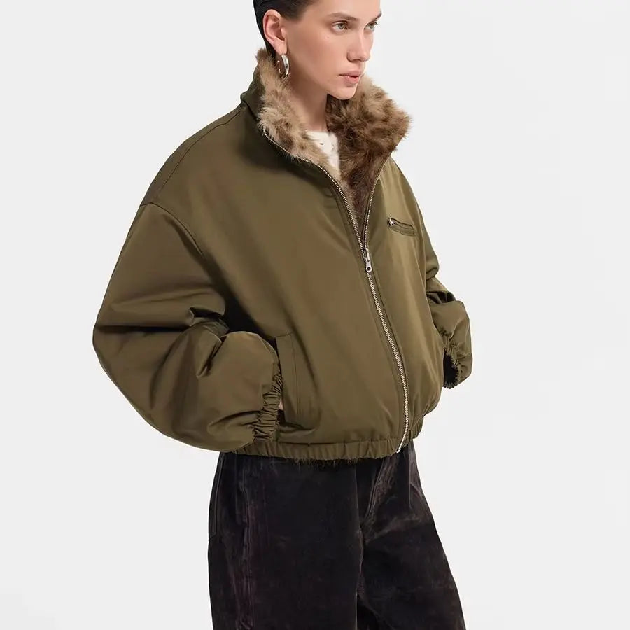 Women Reversible Leopard Print Faux Fur & Olive Nylon Cropped Jacket, Stand Collar Full Zip, Winter Warm Street Commuter