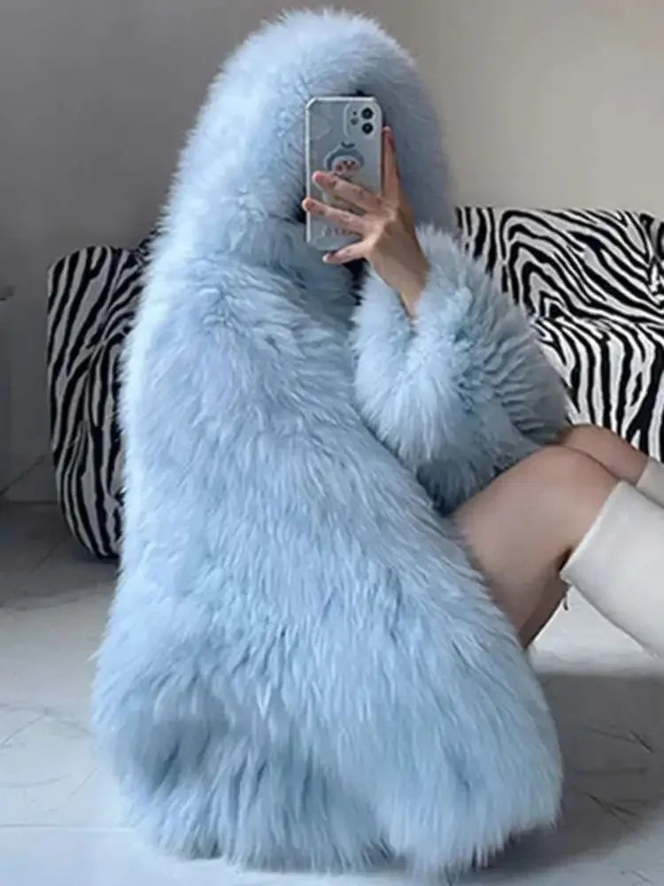 Temperament Hooded Batwing Sleeve Warm Faux Fur Coats For Women Casual Thick Female Jacket 2025 Fashion Autumn Winter New