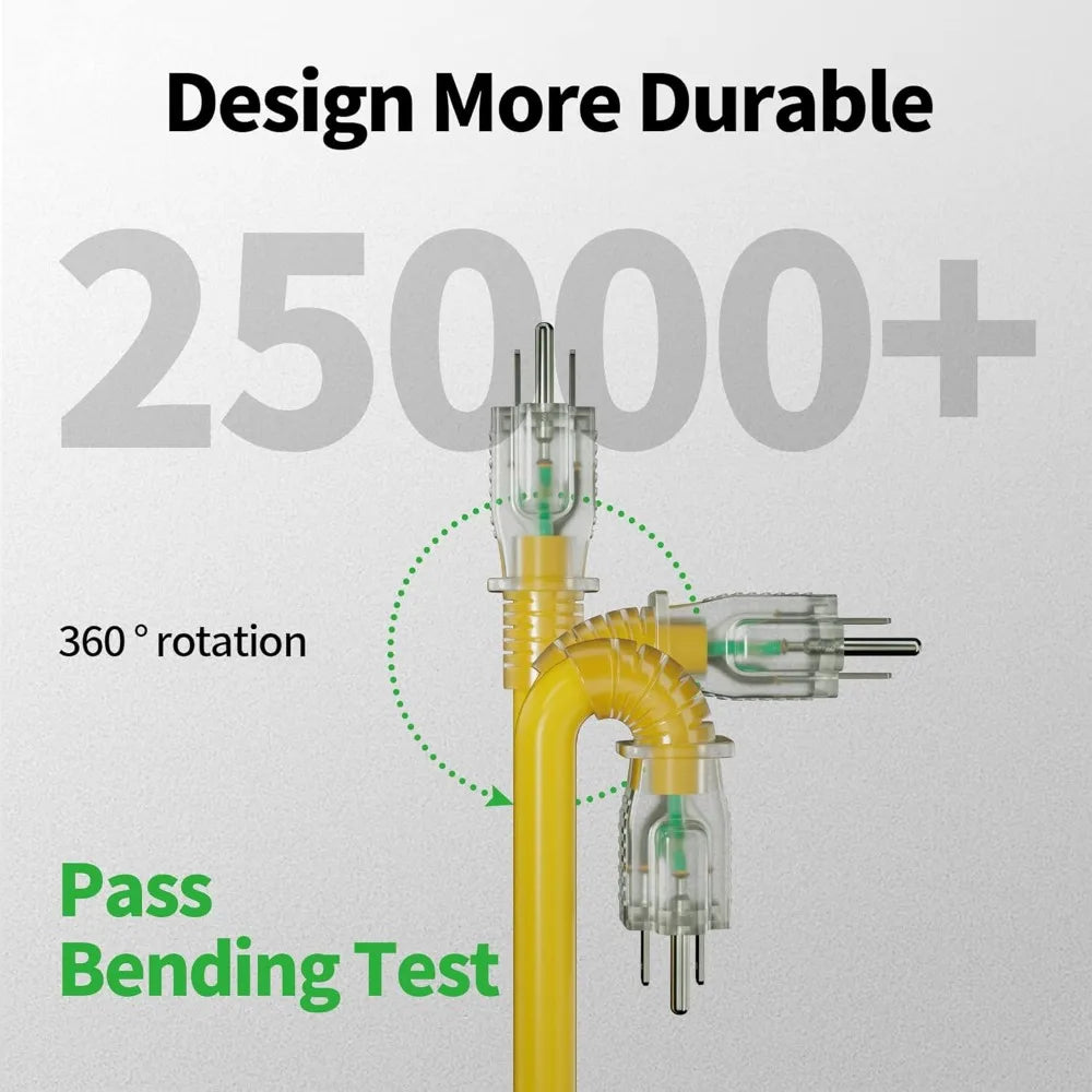 Heavy Duty 50ft Outdoor Extension Cord 12/3 SJTW Yellow 12 Gauge Cold Resistant Flexible Power Cord with Lighted End 15A