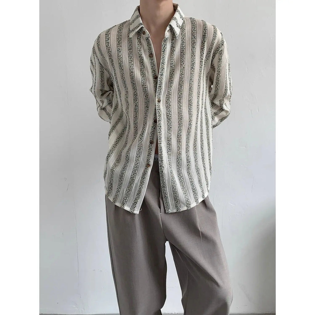 Korean Style Design Sense Hollow Striped Shirt Men's Casual Loose Iron-free Drooping Long-sleeved Shirt Niche