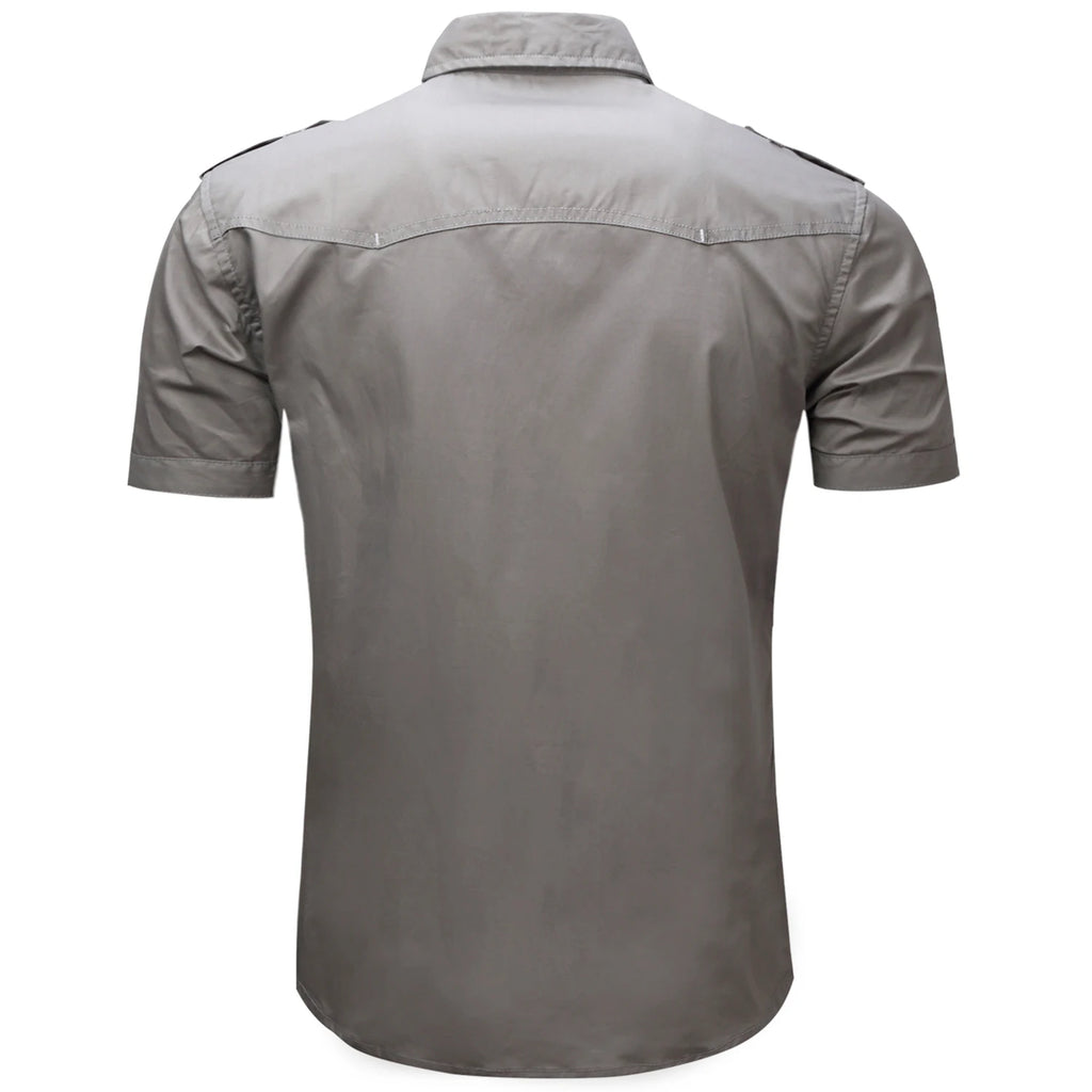 2025 New Fashion Men's Short Sleeve Safari Shirt Tops Summer 100% Cotton Solid Color Casual Cargo Work Shirts with Pocket