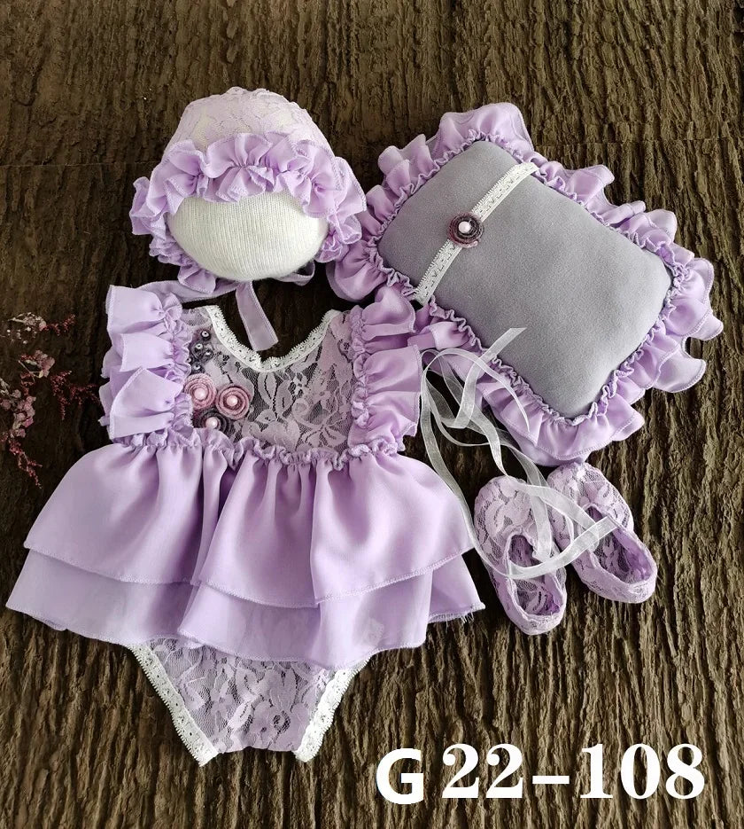 Baby Newborn Photography Props Baby Girl Lace Dress Romper Bodysuits Outfit  Hat Headband Photography Clothing
