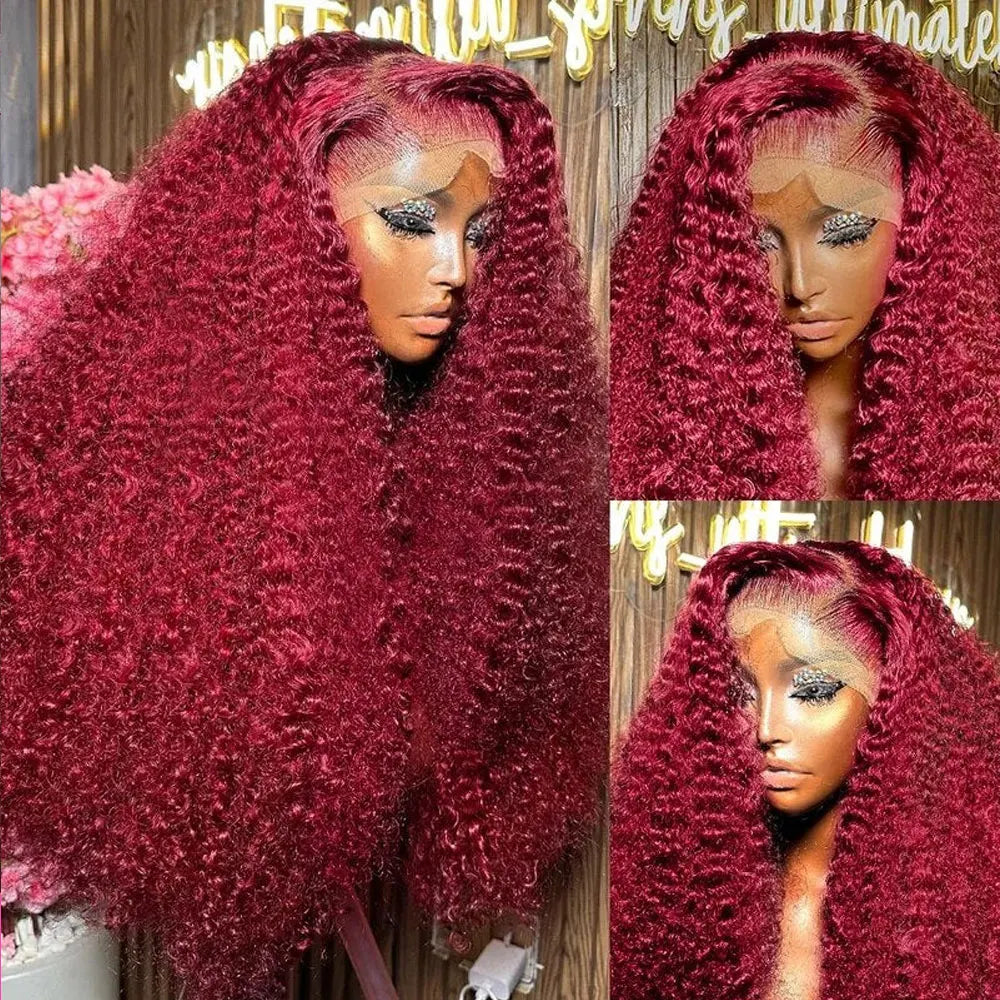 30 Inch Burgundy 99j Deep Wave Frontal Wig Colored Curly Human Hair Wigs 200 250 Density 13x4 Hd Lace Frontal Human Hair Wigs