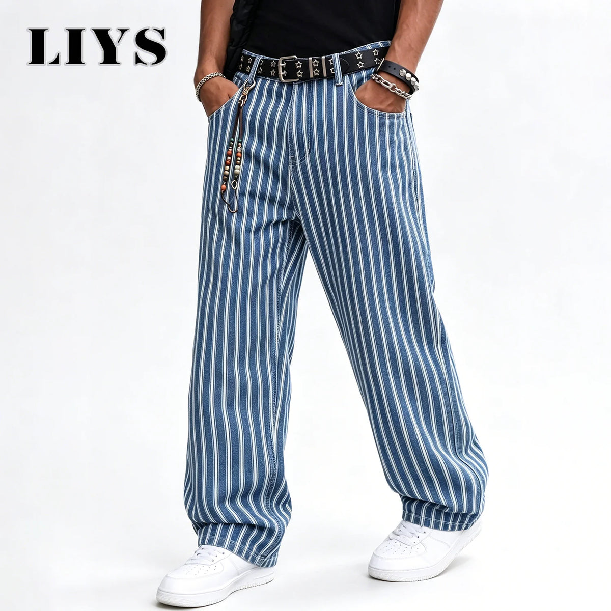 LIYS Men's Blue White Striped Jacquard Straight Leg Jeans Baggy Casual Pants Suitable for Work and Leisure Without Elasticity