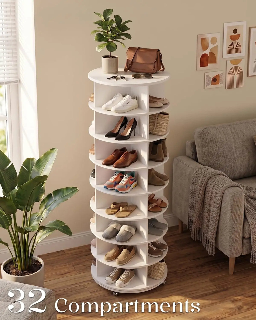 8Tier Rotating Shoe Rack Tower 23.6"x23.6"x74" White, Customized