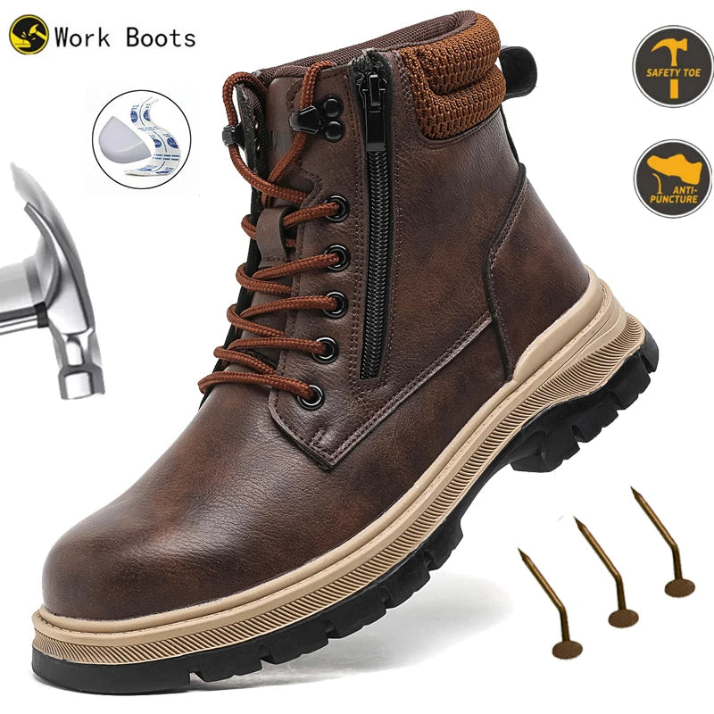 Safety Boots Brown Waterproof Men's Steel Toe Shoes Work Anti-drop Anti-piercing Strong Durable Protective Shoes Indestructible