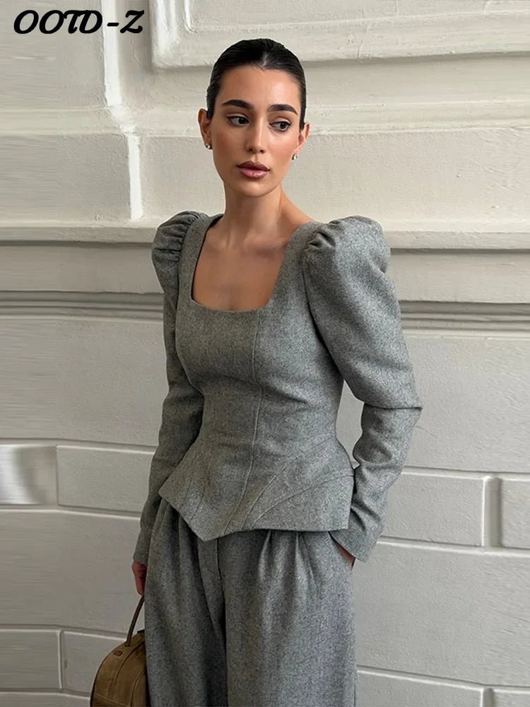 Casual Solid Woolen Top Pants Set Women Puff Full Sleeve Closed Waist Blouse Straight Trousers Sets 2026 Autumn Winter Lady Suit