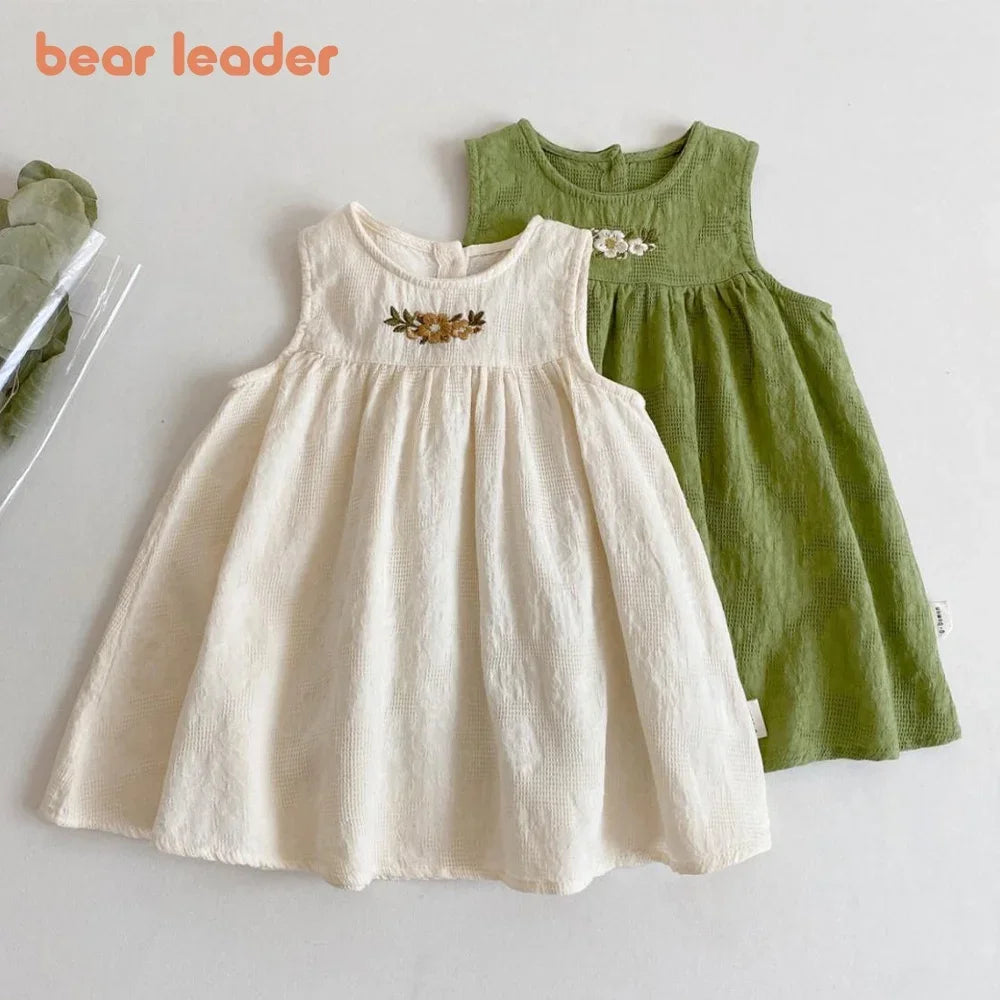 Bear Leader Korean Version Plain Color Girls Casual Dresses Summer Flower Embroidered Sleeveless Vest Dress Children's Clothing