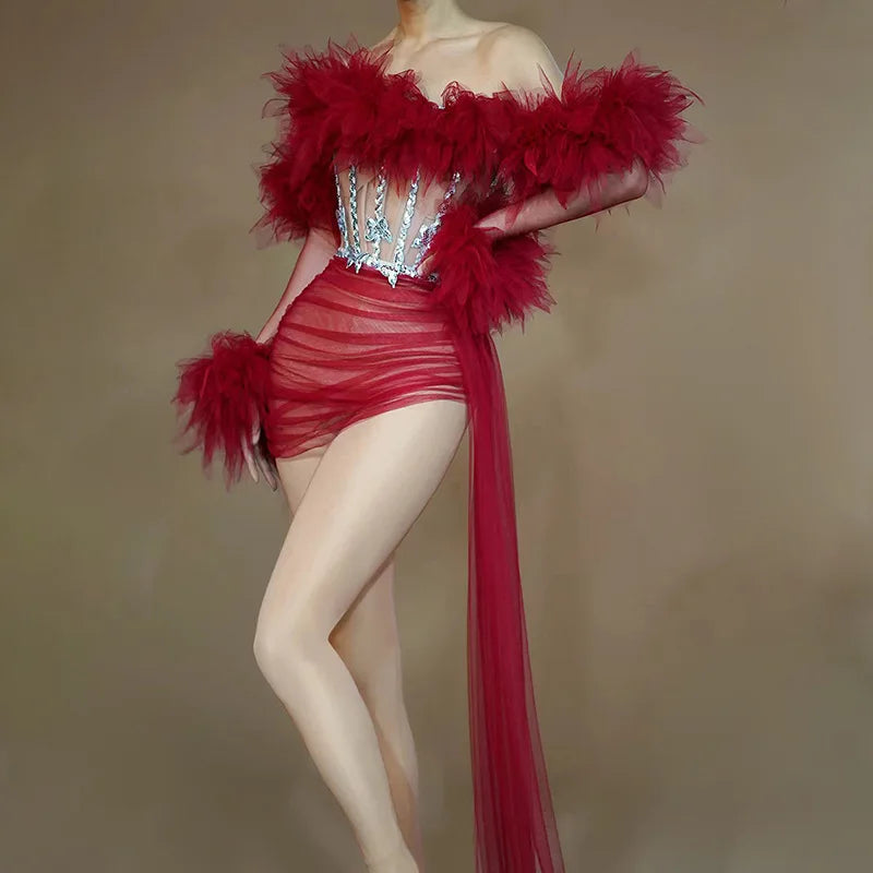 Sexy See Thru Red Prom Dresses with Sleeve Mini Length Ruffled Tulle Night Club Party Dress Spaghetti Chic Cocktail Dresses