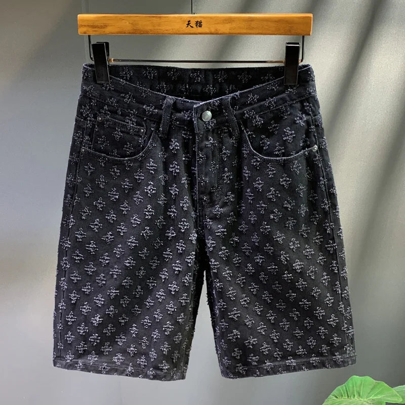 2025 Summer New Trendy Scratched Denim Shorts for Men, Loose Straight, Fashionable Street Casual Black Pentagram Pants