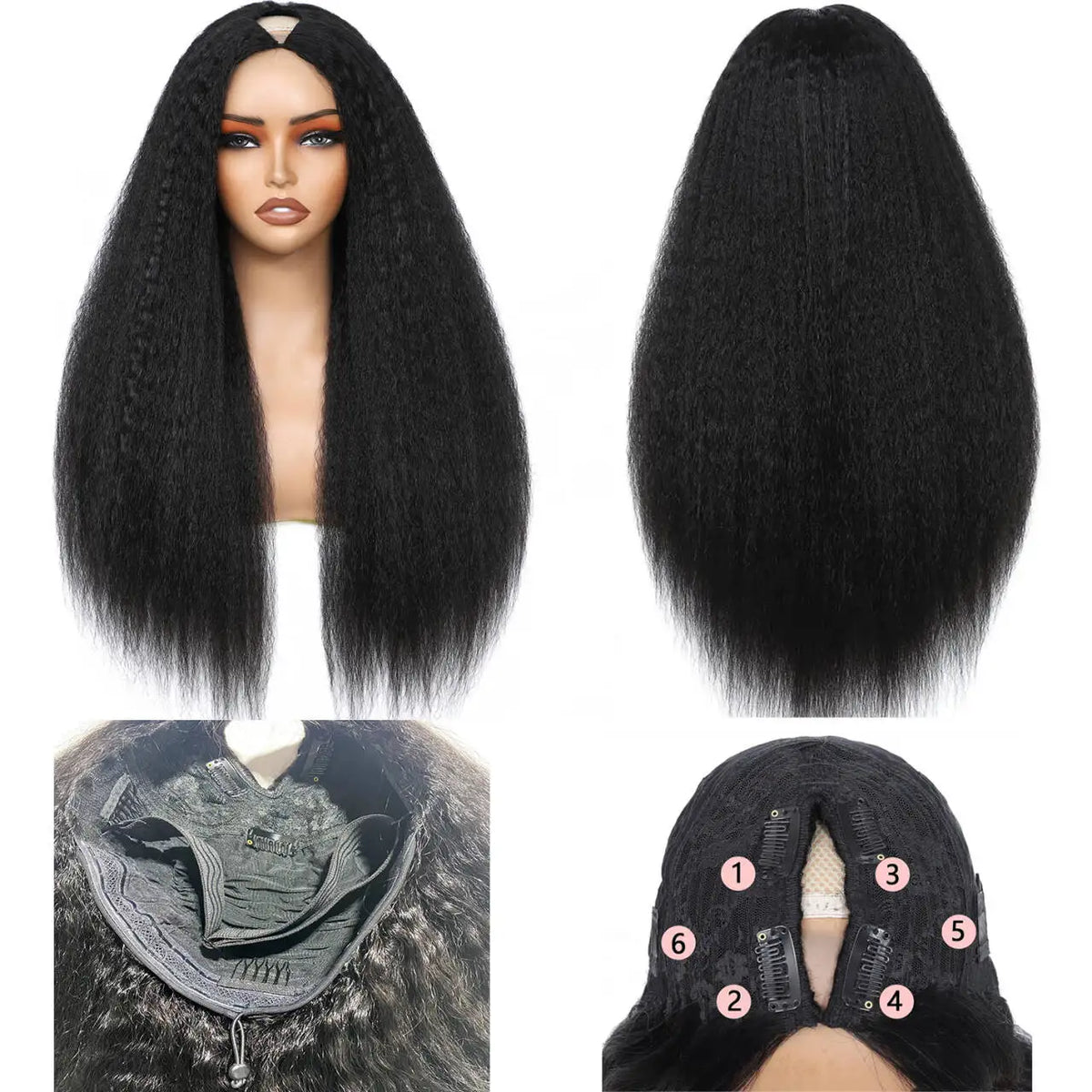 Kinky Straight U Part Wig Upgrade Glueless Wig Yaki Straight Ready To Wear Remy Human Hair Wigs V Part Wig No Lace Wig For Women
