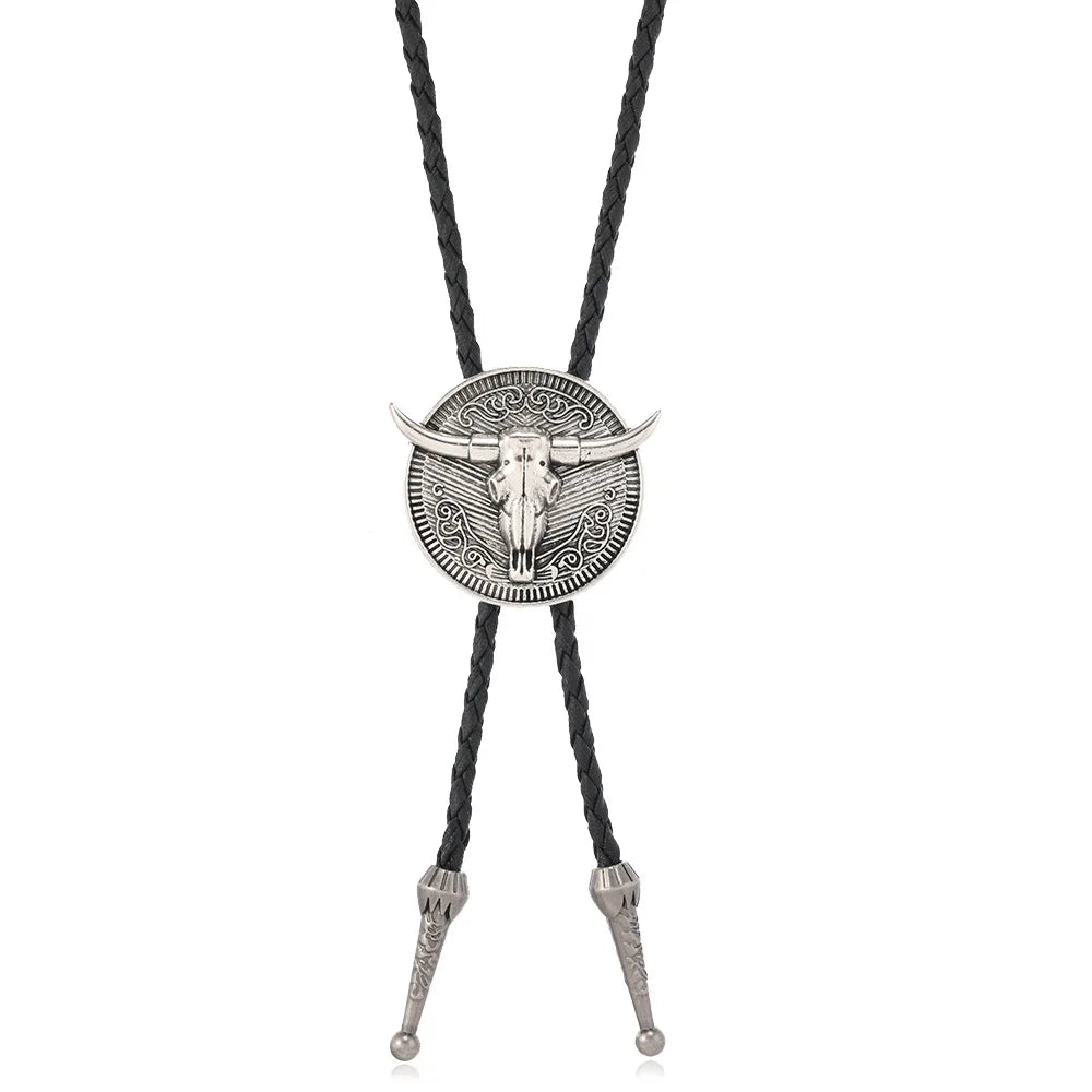 New Western Cowboy Style Bull Head Alloy Leather Bolo Tie Long Necklace for Men High Quality Fashion Jewelry Accessory