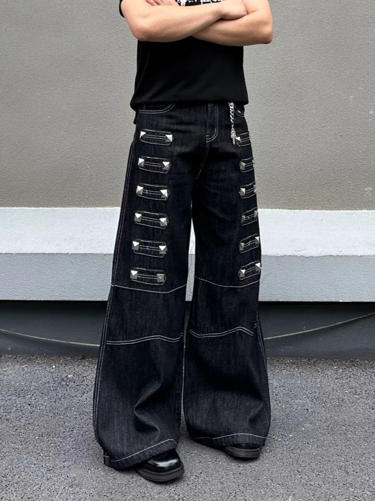 2026 Punk Y2K Style Rivet Design Black Baggy Jeans Pants For Men Clothing Wide Leg Cotton New Rock Long Trousers Pantaloni Uomo