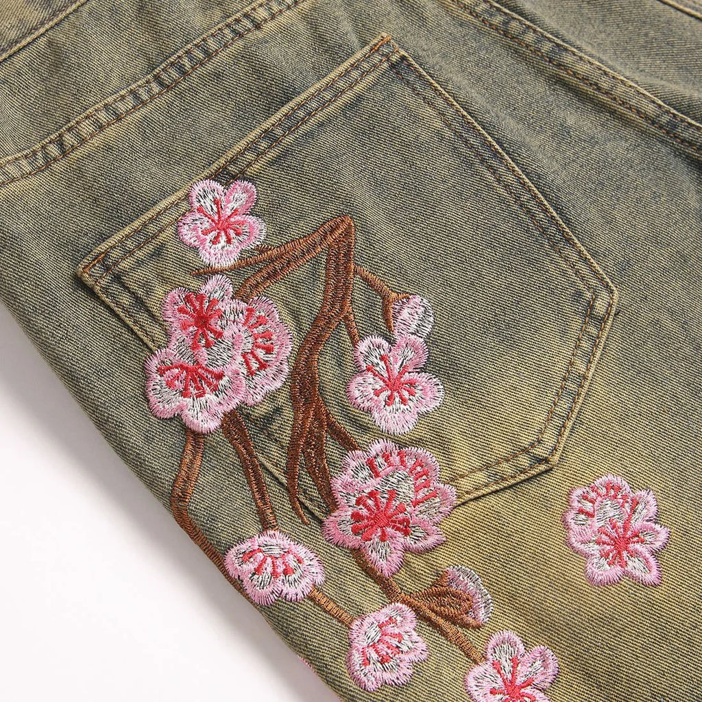 Jeans Men Flare Pants Embroidery Mid Waist Vintage Distressed Denims Boot Cut Male Washed Trousers Streetwear Spring 2026
