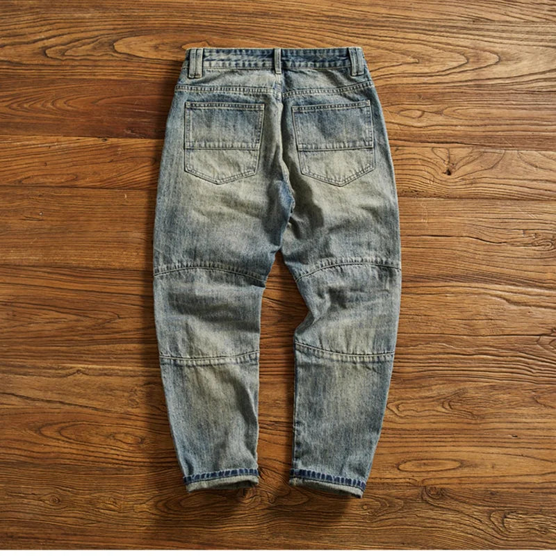 Machete splicing motorcycle jeans men's American vintage wash to make old slim small straight leg cargo denim pants