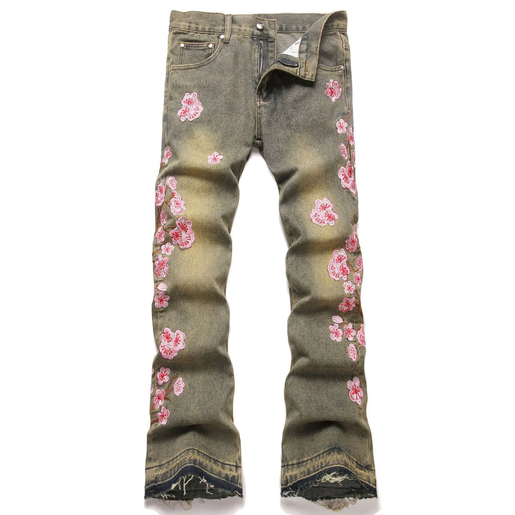 Jeans Men Flare Pants Embroidery Mid Waist Vintage Distressed Denims Boot Cut Male Washed Trousers Streetwear Spring 2026