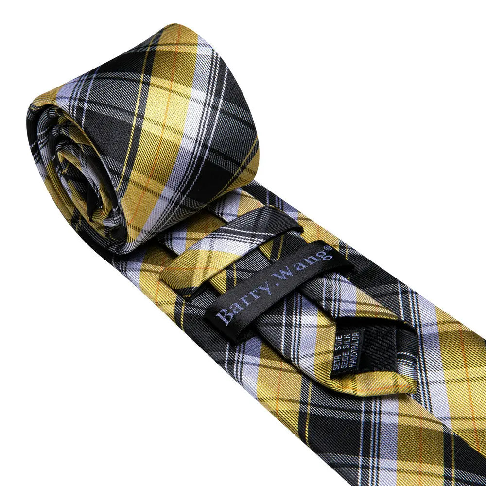 Classic Black Yellow Tie For Men With Pocket Square Cufflink Set Plaid Woven Necktie Business Designer Party Barry.Wang