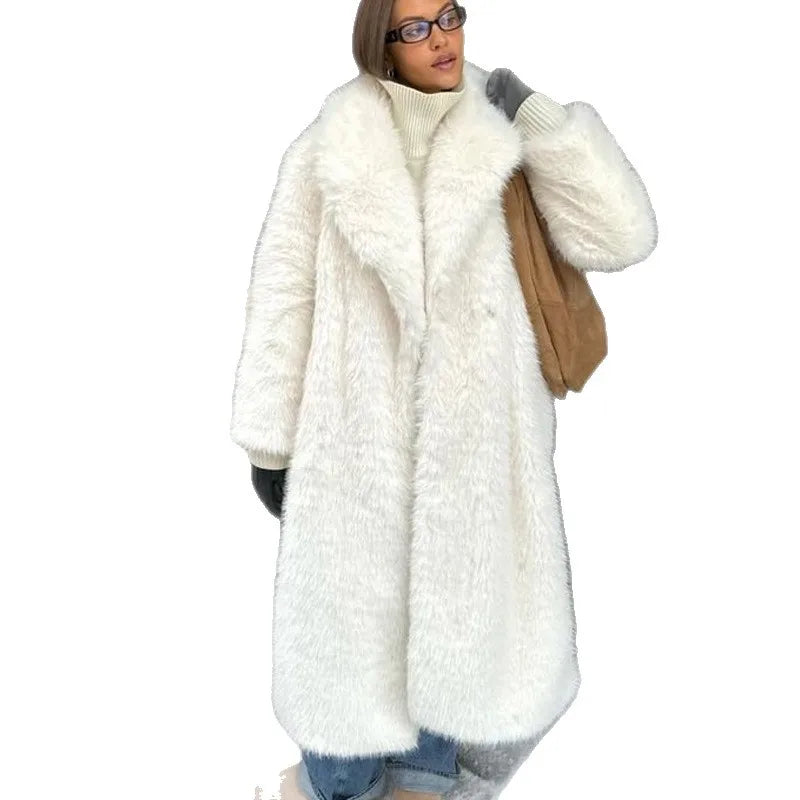 Faux Fox Fur Coats Women Long Fur Jacket Solid Turn Down Collar Long Sleeves Thick Warm Fur Loose Fit Casual 2025 Autumn Winter
