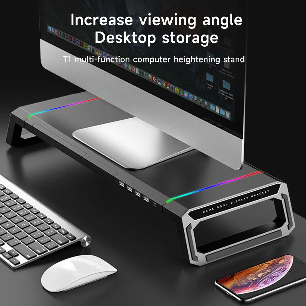 PC Monitor Stand with 3.0 USB Ports Data Transfer Charging Desktop Height Stand Office Laptop Keyboard Stand Storage Shelf Board